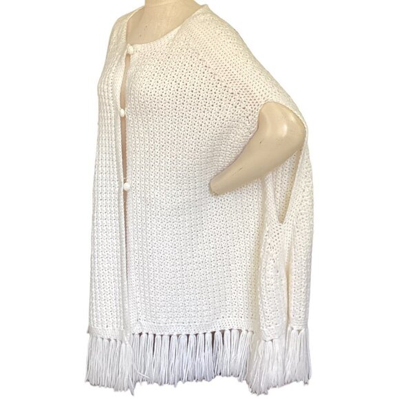 Hand Knitted Longline Fringed Poncho/Sweater/Shawl/Cape  L/XL White 148P - Picture 3 of 6